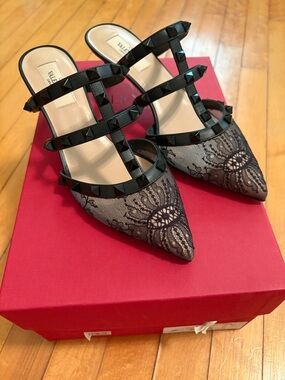 Valentino Garavani Women's Rockstud Lace Kitten Heel Pumps